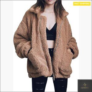 Oversized Faux Fur Fleece Jacket Cozy Winter Coat Boyfriend Style Zipper